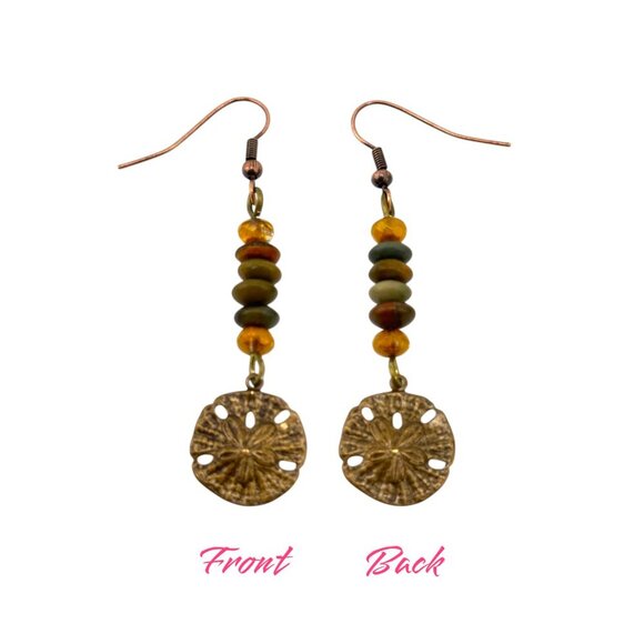 Rustic Natural Brass Sand Dollar Earrings Jasper Beaded Czech Glass Copper Hooks - Picture 2 of 10
